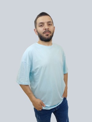 Daniel Milano Erkek Plain Oversize Bisiklet Yaka Buz Mavi Tişört