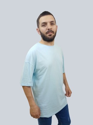 Daniel Milano Erkek Plain Oversize Bisiklet Yaka Buz Mavi Tişört