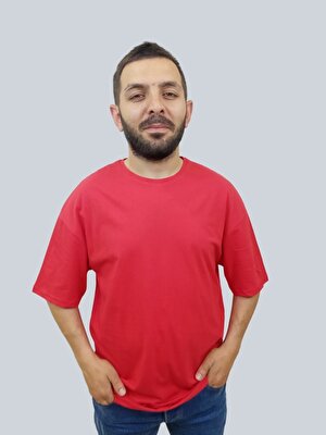 Daniel Milano Erkek Plain Oversize Bisiklet Yaka Kırmızı Tişört