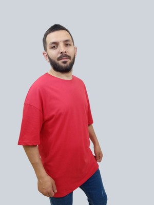 Daniel Milano Erkek Plain Oversize Bisiklet Yaka Kırmızı Tişört