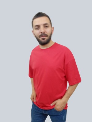 Daniel Milano Erkek Plain Oversize Bisiklet Yaka Kırmızı Tişört