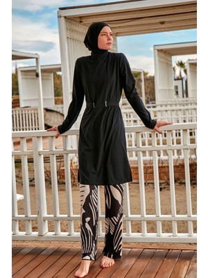 Marina Tam Kapalı Tesettür Mayo Siyah Desenli Yazlık Kadın Polyester 4 Parça Set