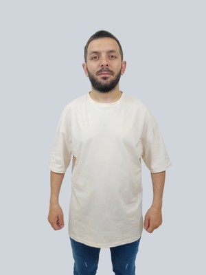 Daniel Milano Erkek Plain Oversize Bisiklet Yaka Krem Tişört