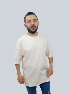 Daniel Milano Erkek Plain Oversize Bisiklet Yaka Krem Tişört