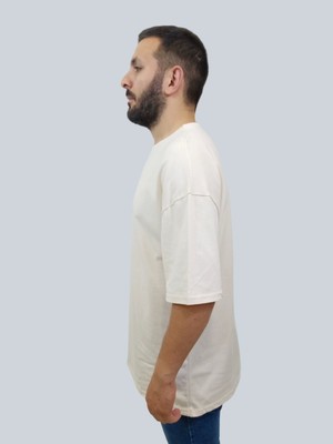 Daniel Milano Erkek Plain Oversize Bisiklet Yaka Krem Tişört