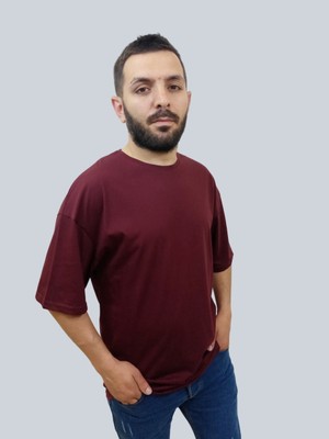 Daniel Milano Erkek Plain Oversize Bisiklet Yaka Bordo Tişört