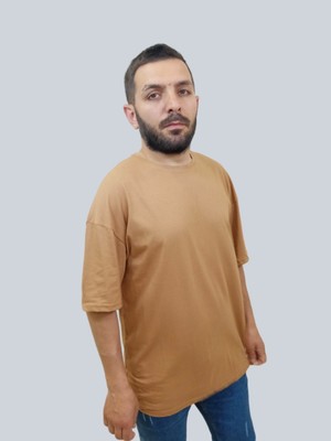 Daniel Milano Erkek Plain Oversize Bisiklet Yaka Kahverengi Tişört