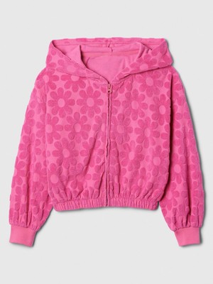 Gap Kız Çocuk Pembe Çiçek Desenli Fermuarlı Havlu Kumaş Sweatshirt