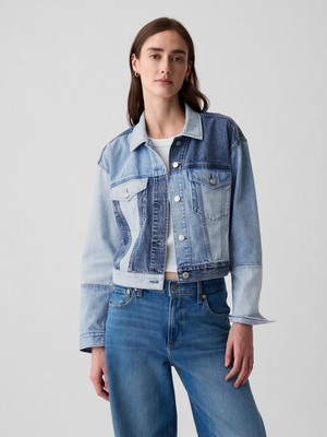 Gap Kadın Mavi Crop Patchwork Icon Denim Ceket