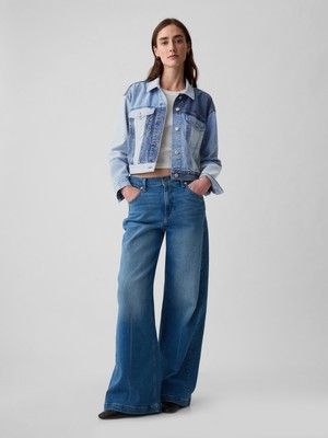 Gap Kadın Mavi Crop Patchwork Icon Denim Ceket