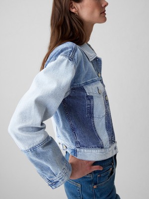 Gap Kadın Mavi Crop Patchwork Icon Denim Ceket