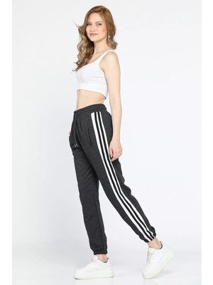 Julude Antrasit Bel ve Paça Lastikli Kadın Yan Şeritli Eşofman Altı P-00010853