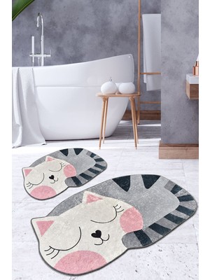 Chilai Home Big Cat 2'li Set Banyo Halısı Kaymaz Tabanlı Canlı Renkli Desenli 60x100 cm ve 50x60 cm