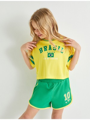 Koton Crop Tişört Brasil Baskılı Kısa Kollu Bisiklet Yaka