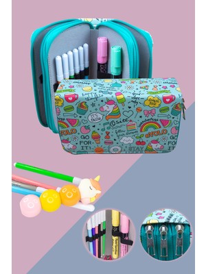 OneSize Kalem Kutusu Yolo Unicorn Kawaii Orginazer Vegan Deri Üç Bölmeli (Kalemlik Yeşil)