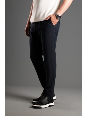 Zeki Özer Erkek Lacivert Çizgili Gofre Keten Pantolon