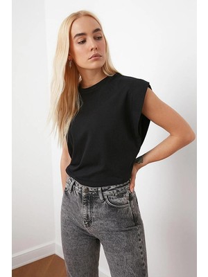 Tena Kadın Siyah Bisiklet Yaka Çift Kol Basic Crop Tişört