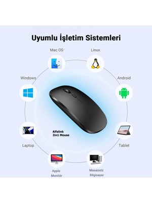 Alfalink Bluetooth & Wireless Şarjlı Sessiz Tuşlu Kablosuz Mouse Siyah