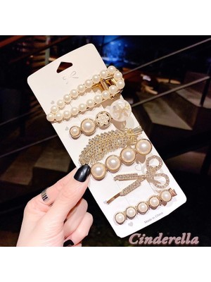Cinderella 6'lı Yeni Trend Moda Incili ve Taşlı Büyük Klips Çıtçıt Pens Toka Seti