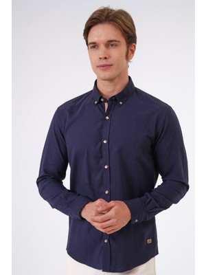 Back And Bond Lacivert Slim Fit %100 Pamuk Kolay Ütülenebilir Oxford Gömlek