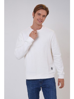 Back And Bond Beyaz Regular Fit Pamuklu Desenli Bisiklet Yaka Sweatshirt