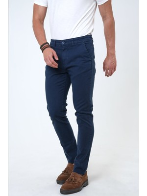 Back And Bond Lacivert Slim Fit Pamuklu Armürlü Chino Pantolon