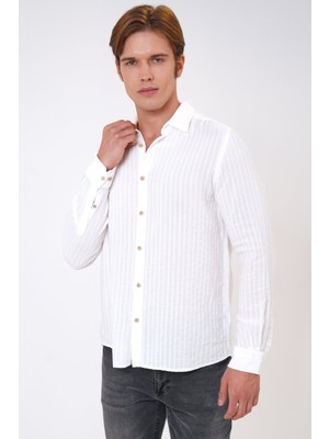 Back And Bond Ekru Regular Fit Pamuklu Desenli Gömlek