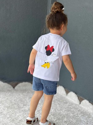 Modagard Beyaz Minnie Mouse Kanat Detaylı T-Shirt Kot Şort Takım