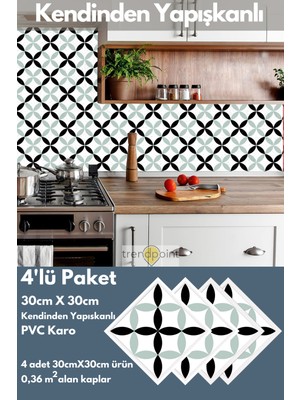 Trendpoint Kendinden Yapışkanlı Pvc Sticker 4ADET 30CM×30CM Mutfak Banyo Duvar Zemin Kaplama