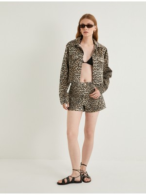 Koton Mini Kot Şort Leopar Desenli Yüksek Bel Düğmeli