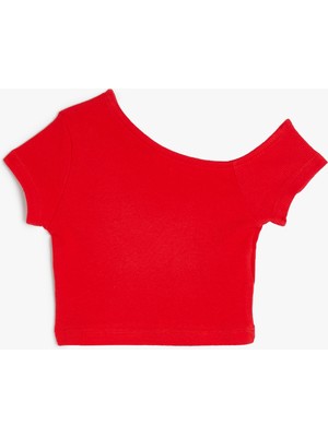 Koton Crop Tişört Asimetrik Yaka Kısa Kollu Pamuklu