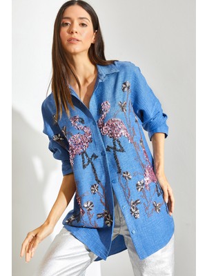 Shade Kadın Flamingo Pul Nakışlı Sofya Keten Gömlek