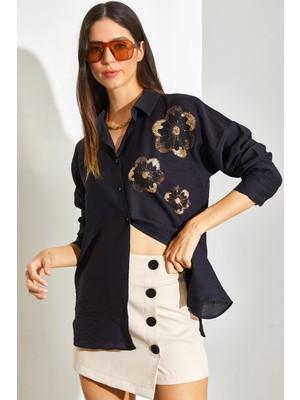 Shade Kadın Pul Payet Işlemeli Keten Ayrobin Gömlek