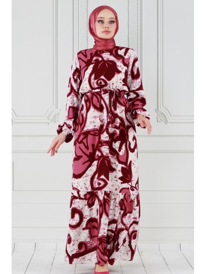 Sevitli Lale Desenli Beli Kuşaklı Viskon Elbise-Bordo
