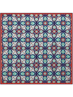 Bursa İpek Lacivert Kırmızı Çini Sarmal Desen Ipek Mendil