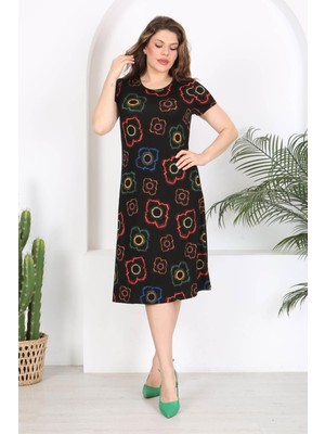 Mooi XXL Kadın Siyah Neon Çiçek Desen Midi Elbise