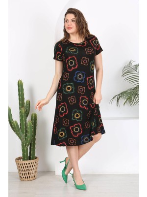 Mooi XXL Kadın Siyah Neon Çiçek Desen Midi Elbise