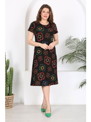 Mooi XXL Kadın Siyah Neon Çiçek Desen Midi Elbise