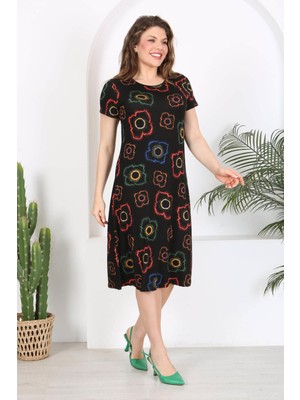 Mooi XXL Kadın Siyah Neon Çiçek Desen Midi Elbise