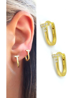 Ose Shop  Italyan 925 Ayar Gumuş Uzerıne Altın Kaplama T Oval Halka Küpe