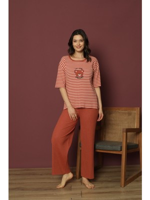 Meri Kadın Kısa Kollu Kiremit Ince Triko Desenli Pijama Takımı Mrlyn