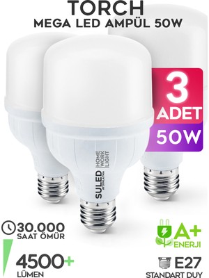 Suled 50W Torch Büyük Ampül 3 Adet Ultra Güçlü LED Işık Tasarruflu 4500LM 6500K Beyaz Işık Büyük Ampül E27