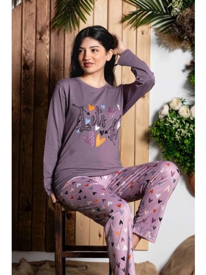 Meri Kadı Pembe Sıfır Yaka Uzun Kol Likralı Kedi Desenli Kadın Pijama Takımı K803-151