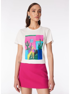 Fabrika Bisiklet Yaka Baskılı Kırık Beyaz Kadın T-Shirt F4SL-TST0216