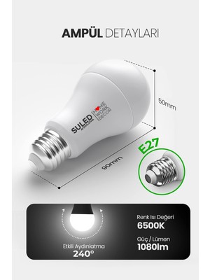 Suled 12W LED Ampül E27 10'lu Paket Beyaz Işık 1080LM Smd LED 6500K Tasarruflu Lamba