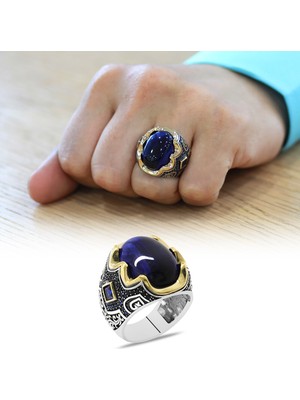 Gümüş Hediye Al Mavi Kaplangözü Taşlı Yanları Gravür Işlemeli 925 Ayar Gümüş Erkek Yüzük