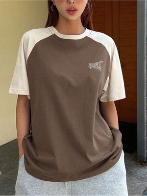 Trendseninle Kadın Kahvebej Best Time Baskılı Oversize T-Shirt