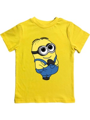 Sedirli Minions Baskılı Yazlık Çocuk Tişört Sarı Pamuklu Penye Kumaş 7 - 8 Yaş Erkek Çocuk İçin