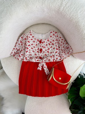 Miniğimin Cicileri Çantalı Pilise Şifon Çiçek Desenli elbise - Kırmızı