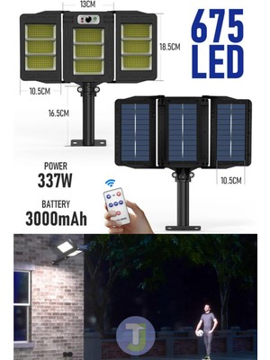 Technojet 675 Ledli Solar Güneş Enerjili Kumandalı Hareket Sensörlü Bahçe Aydınlatma Sokak Lambası